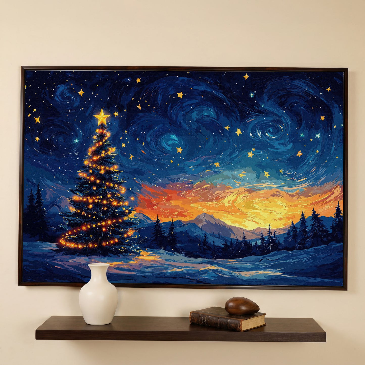 Starry Night Christmas Tree Canvas in dark walnut floating frame