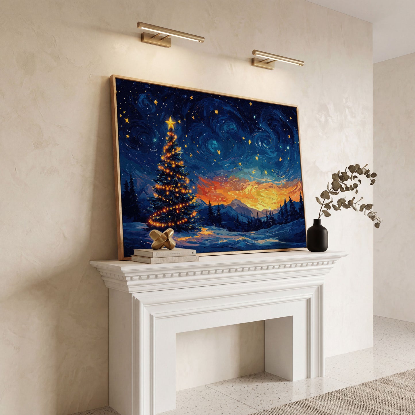 Starry Night Christmas Tree Canvas in white oak floating frame
