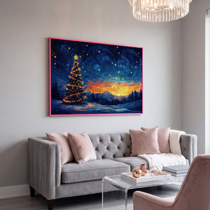 Starry Night Christmas Tree Canvas in pink floating frame