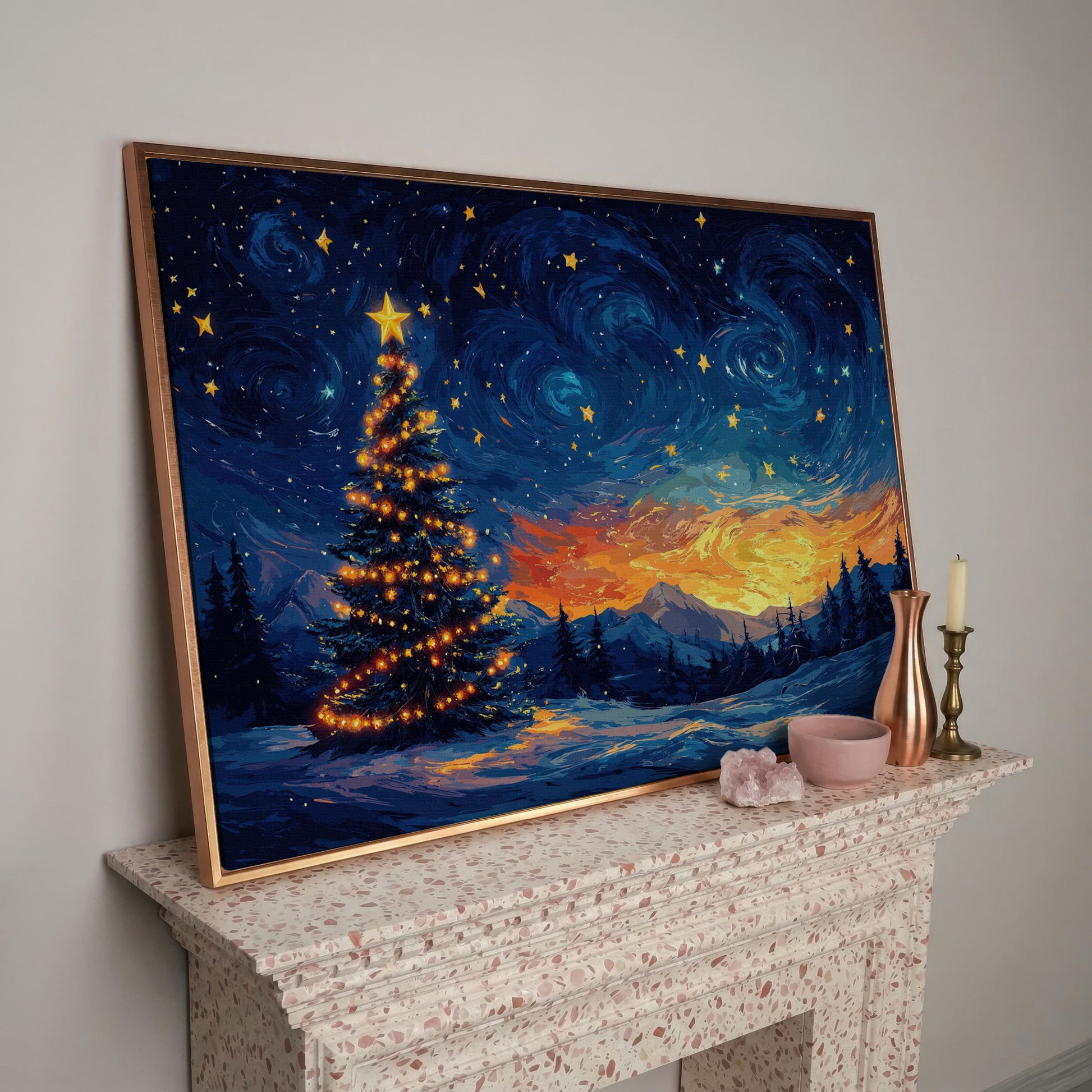 Starry Night Christmas Tree Canvas in rose gold floating frame