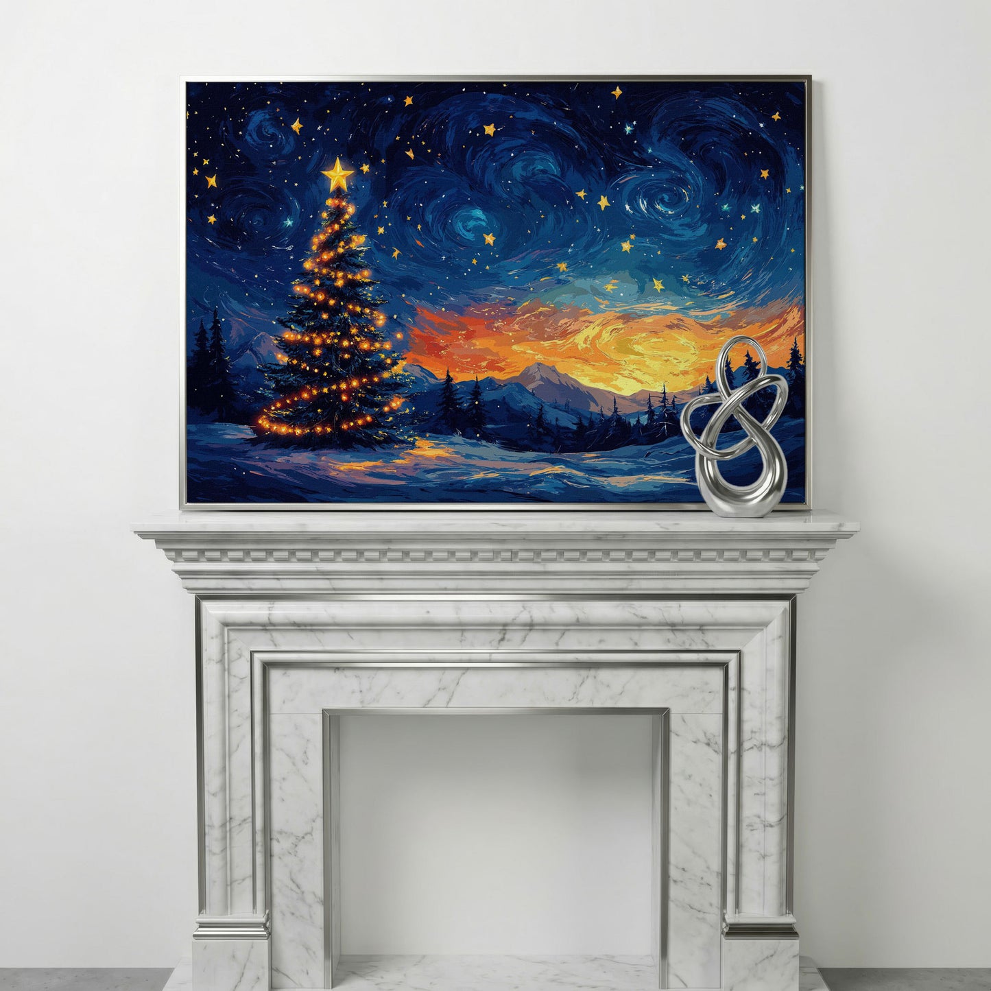 Starry Night Christmas Tree Canvas in silver floating frame