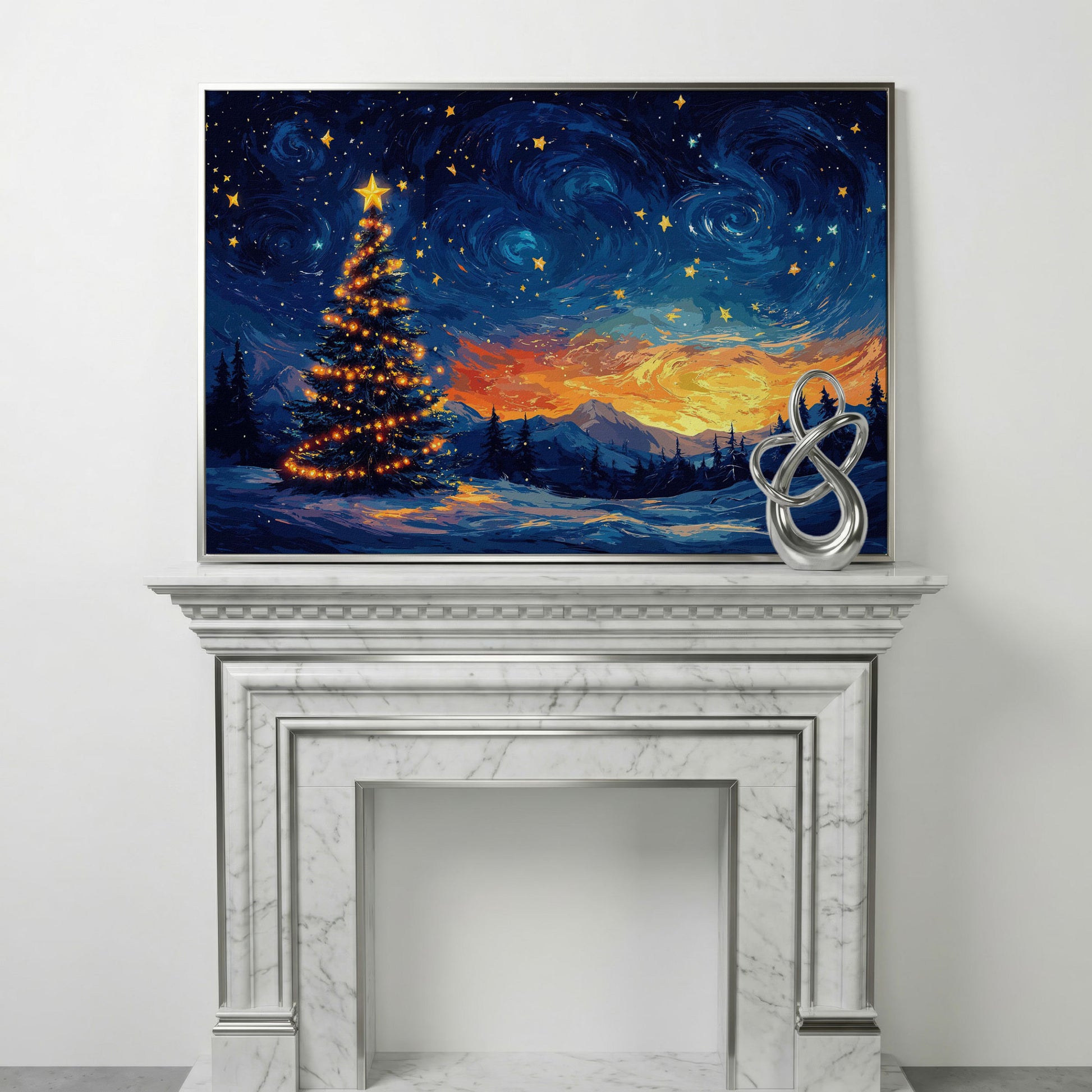 Starry Night Christmas Tree Canvas in silver floating frame