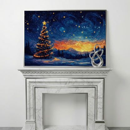 Starry Night Christmas Tree Canvas in silver floating frame