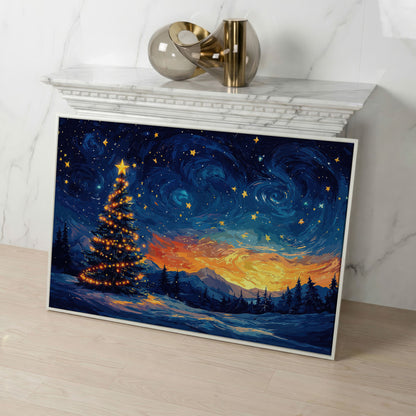 Starry Night Christmas Tree Canvas in white floating frame