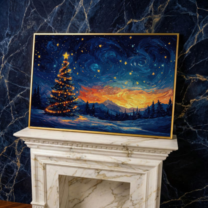 Starry Night Christmas Tree Canvas in yellow gold floating frame