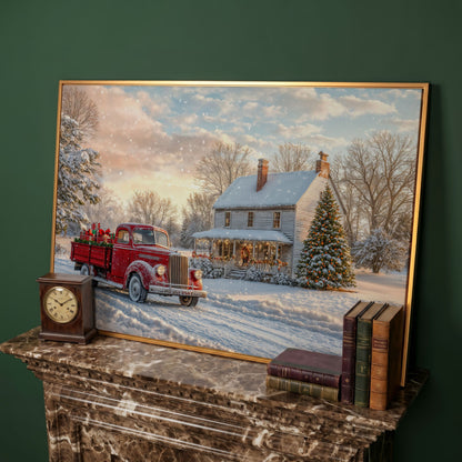 Red Truck with Cottage Canvas Print, Snowy Christmas Scene in antique gold floating frame