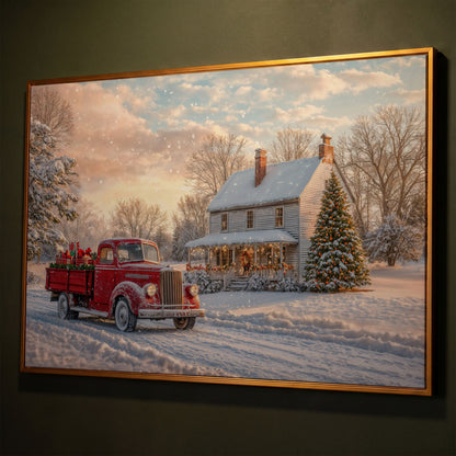 Red Truck with Cottage Canvas Print, Snowy Christmas Scene shown in antique gold floating frame