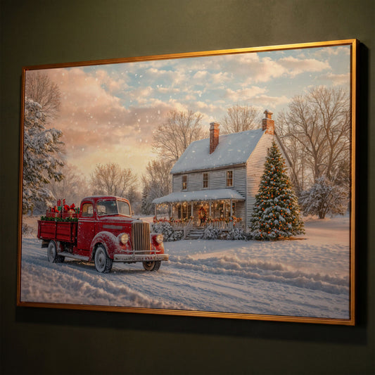Red Truck with Cottage Canvas Print, Snowy Christmas Scene shown in antique gold floating frame