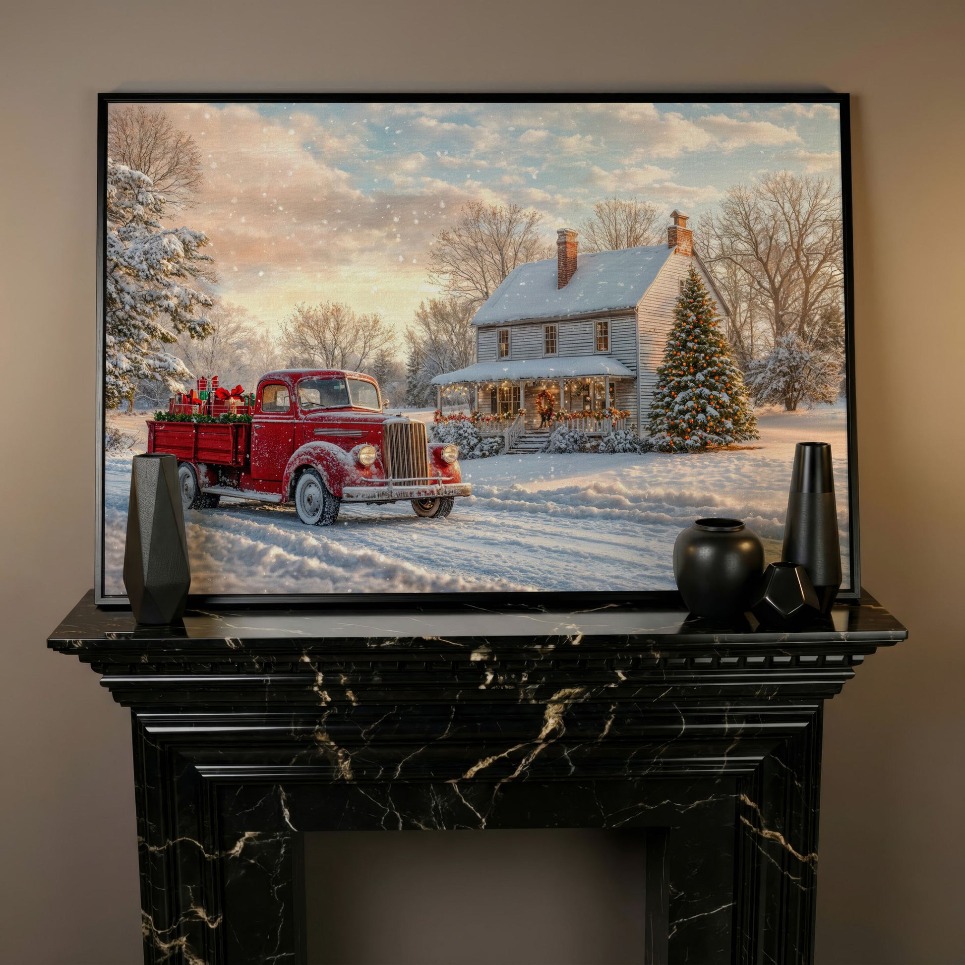 Red Truck with Cottage Canvas Print, Snowy Christmas Scene in black floating frame