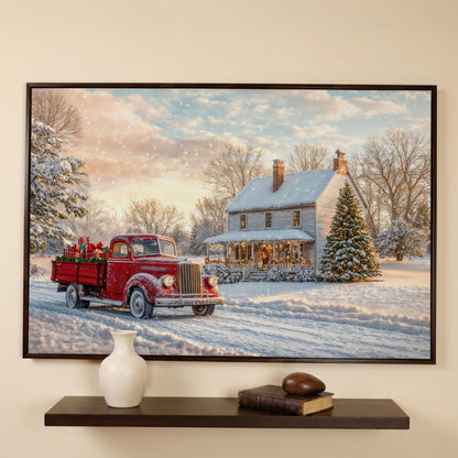Red Truck with Cottage Canvas Print, Snowy Christmas Scene in dark walnut floating frame