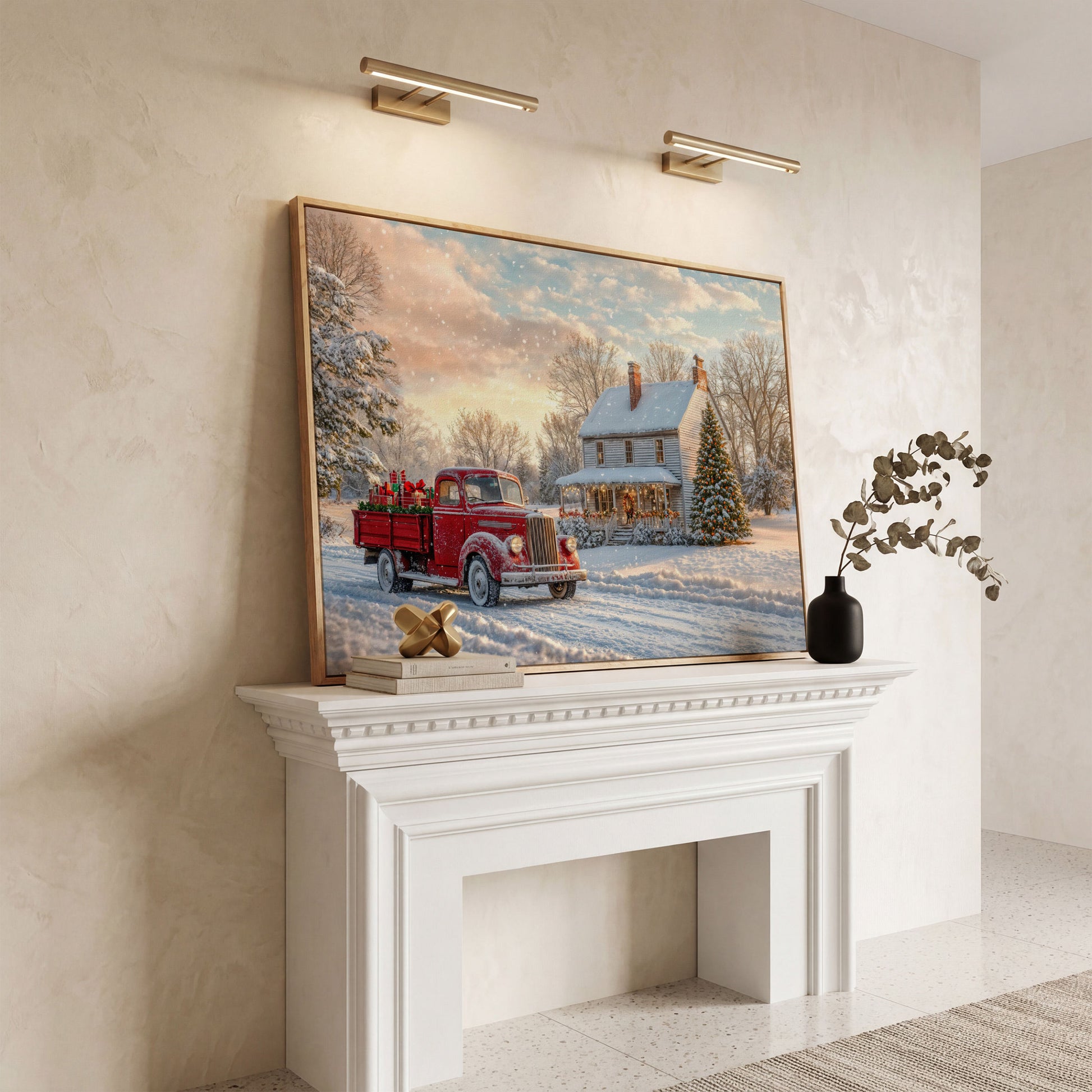 Red Truck with Cottage Canvas Print, Snowy Christmas Scene in white oak floating frame