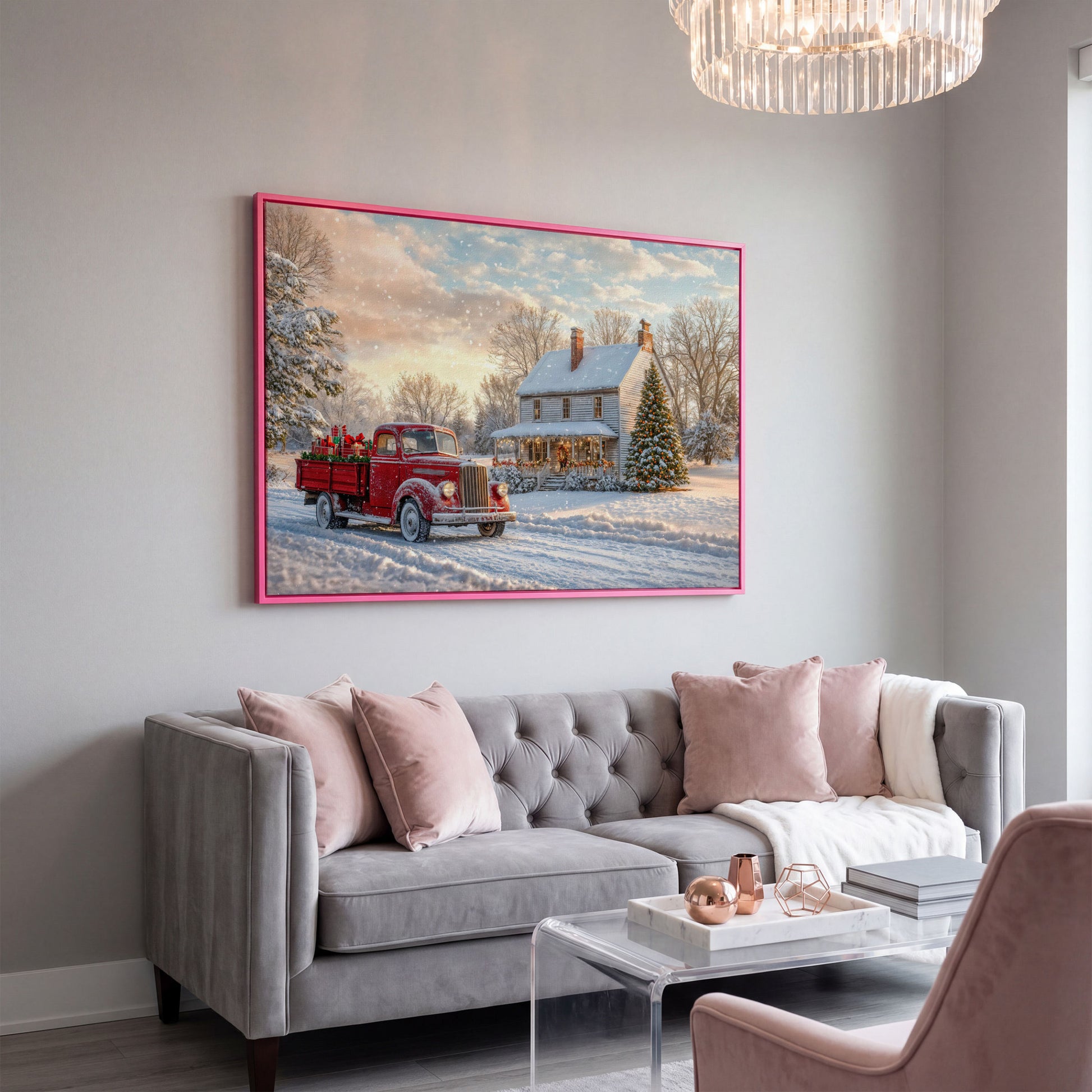 Red Truck with Cottage Canvas Print, Snowy Christmas Scene in pink floating frame