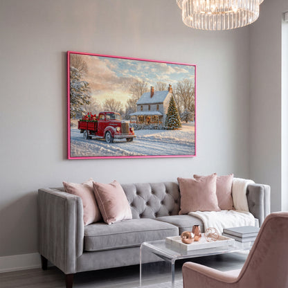 Red Truck with Cottage Canvas Print, Snowy Christmas Scene in pink floating frame