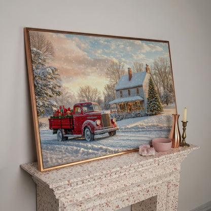 Red Truck with Cottage Canvas Print, Snowy Christmas Scene in rose gold floating frame