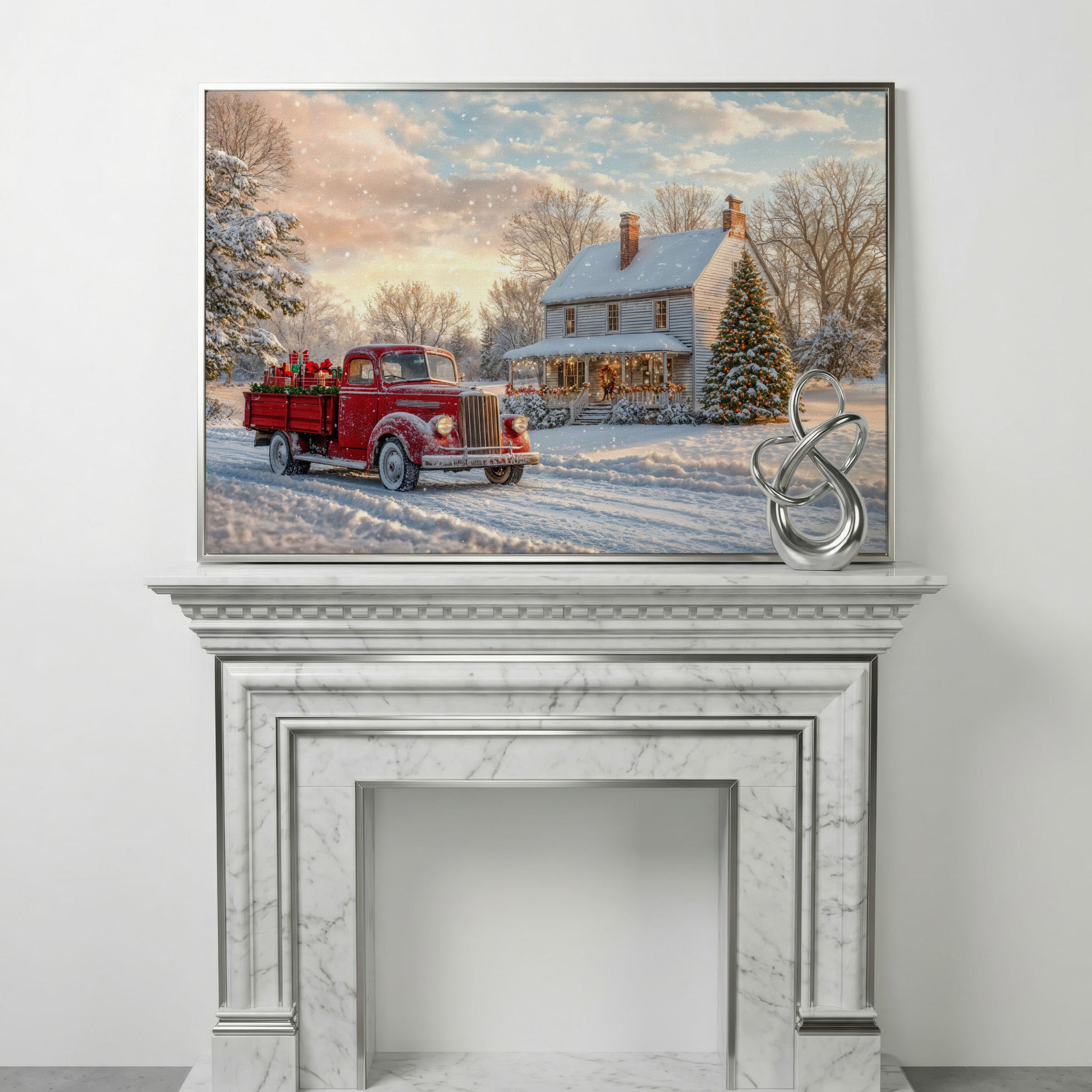 Red Truck with Cottage Canvas Print, Snowy Christmas Scene in silver floating frame