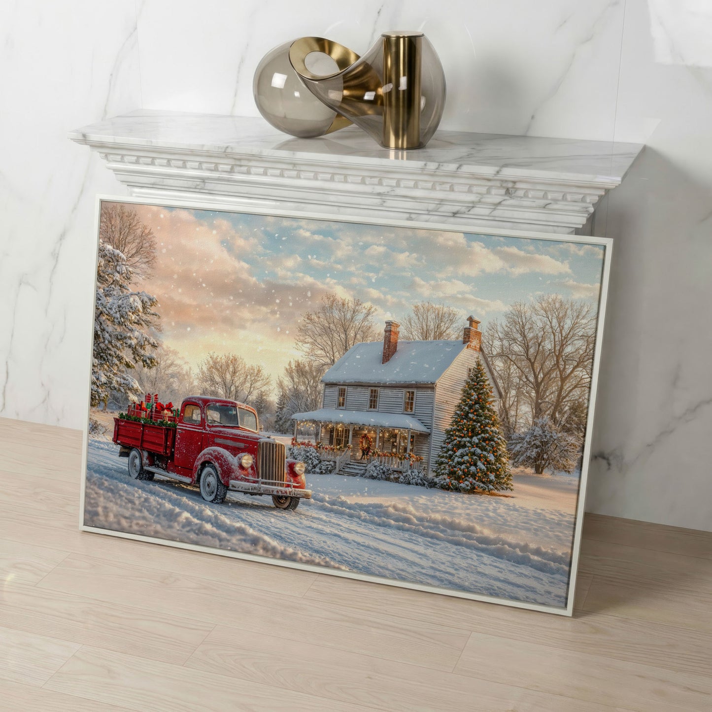 Red Truck with Cottage Canvas Print, Snowy Christmas Scene in white floating frame