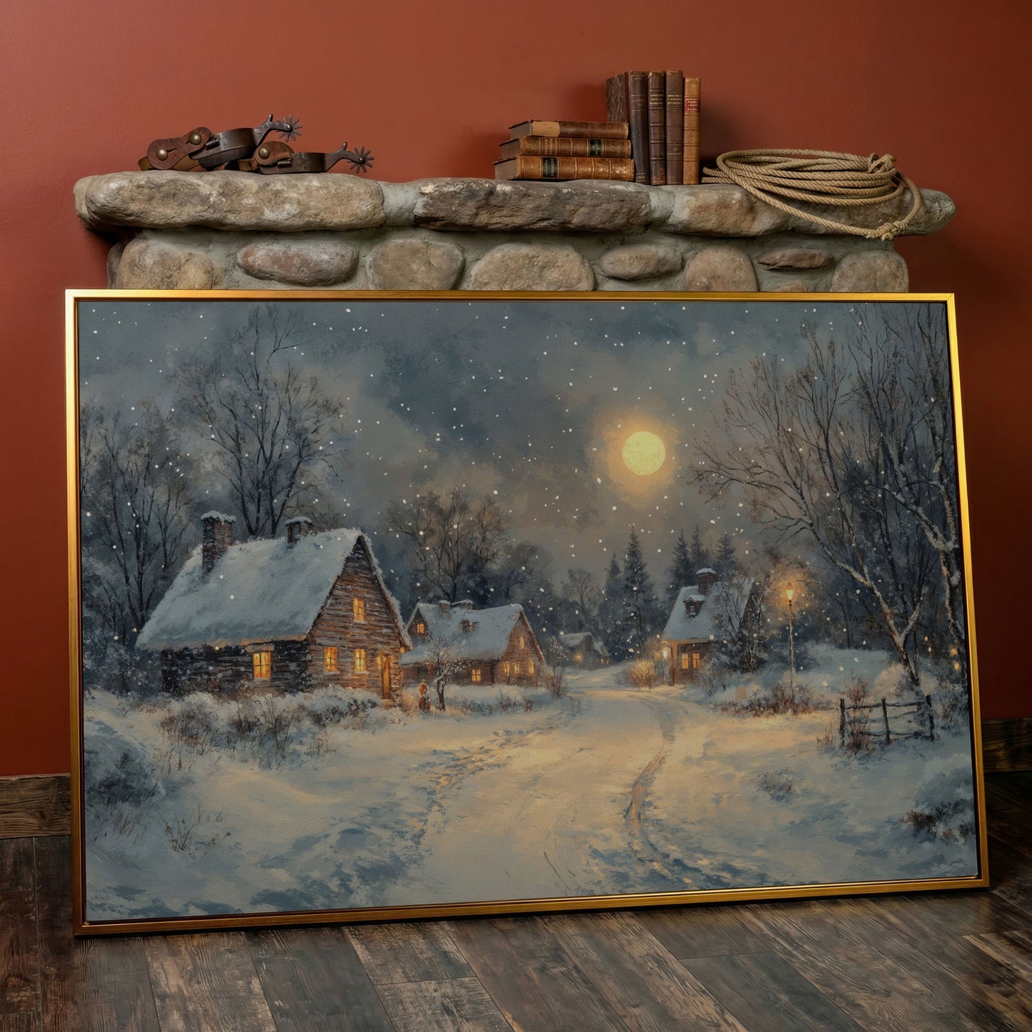 Snowy Winter Village by Moonlight Canvas in antique gold floating frame