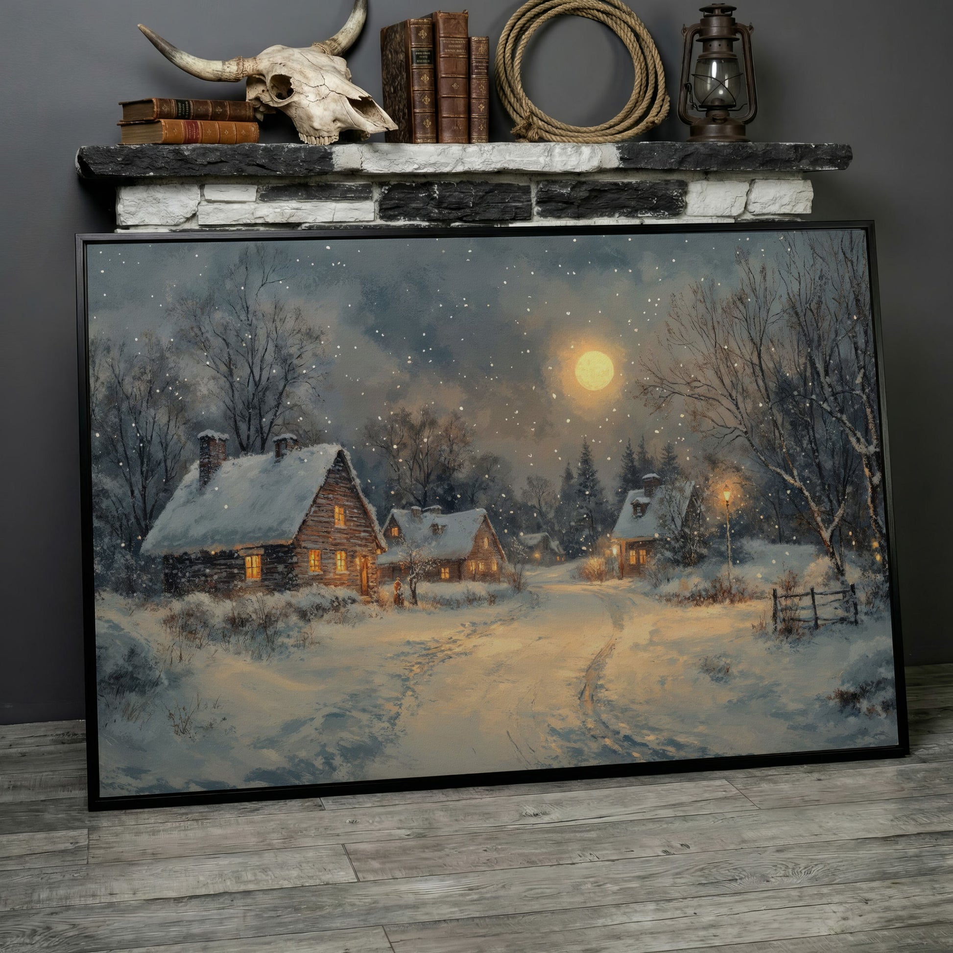 Snowy Winter Village by Moonlight Canvas in black floating frame
