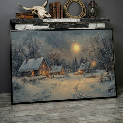Snowy Winter Village by Moonlight Canvas in black floating frame