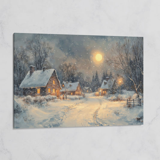 Snowy Winter Village by Moonlight Canvas on gallery wrap