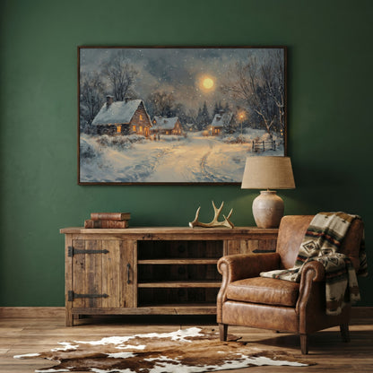 Snowy Winter Village by Moonlight Canvas in dark walnut floating frame