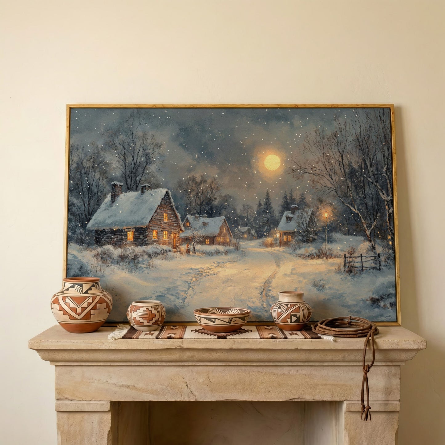 Snowy Winter Village by Moonlight Canvas in white oak floating frame
