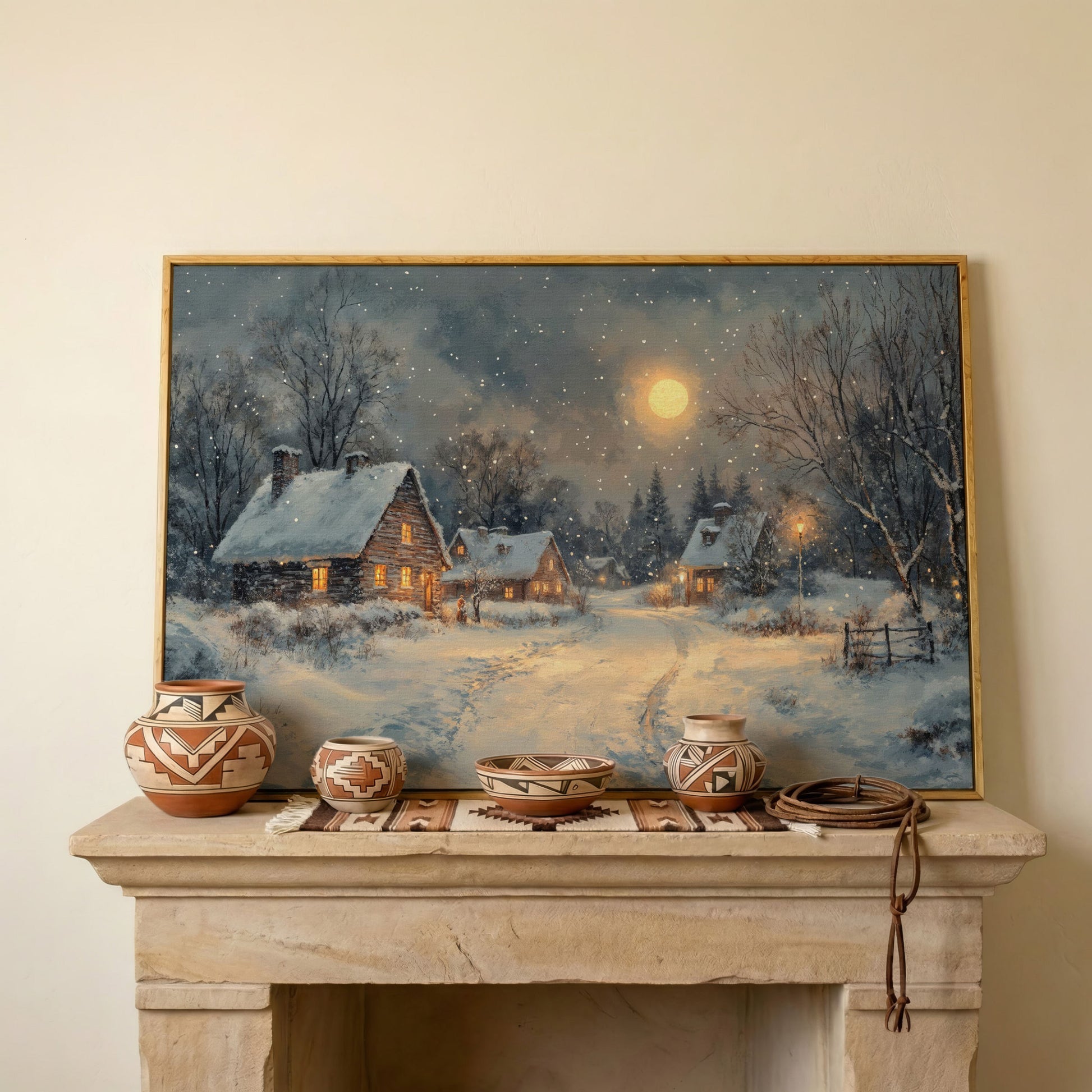 Snowy Winter Village by Moonlight Canvas in white oak floating frame