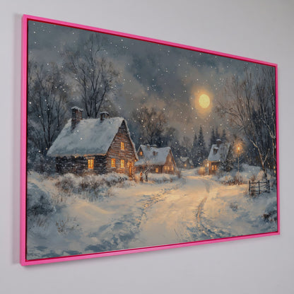 Snowy Winter Village by Moonlight Canvas in pink floating frame