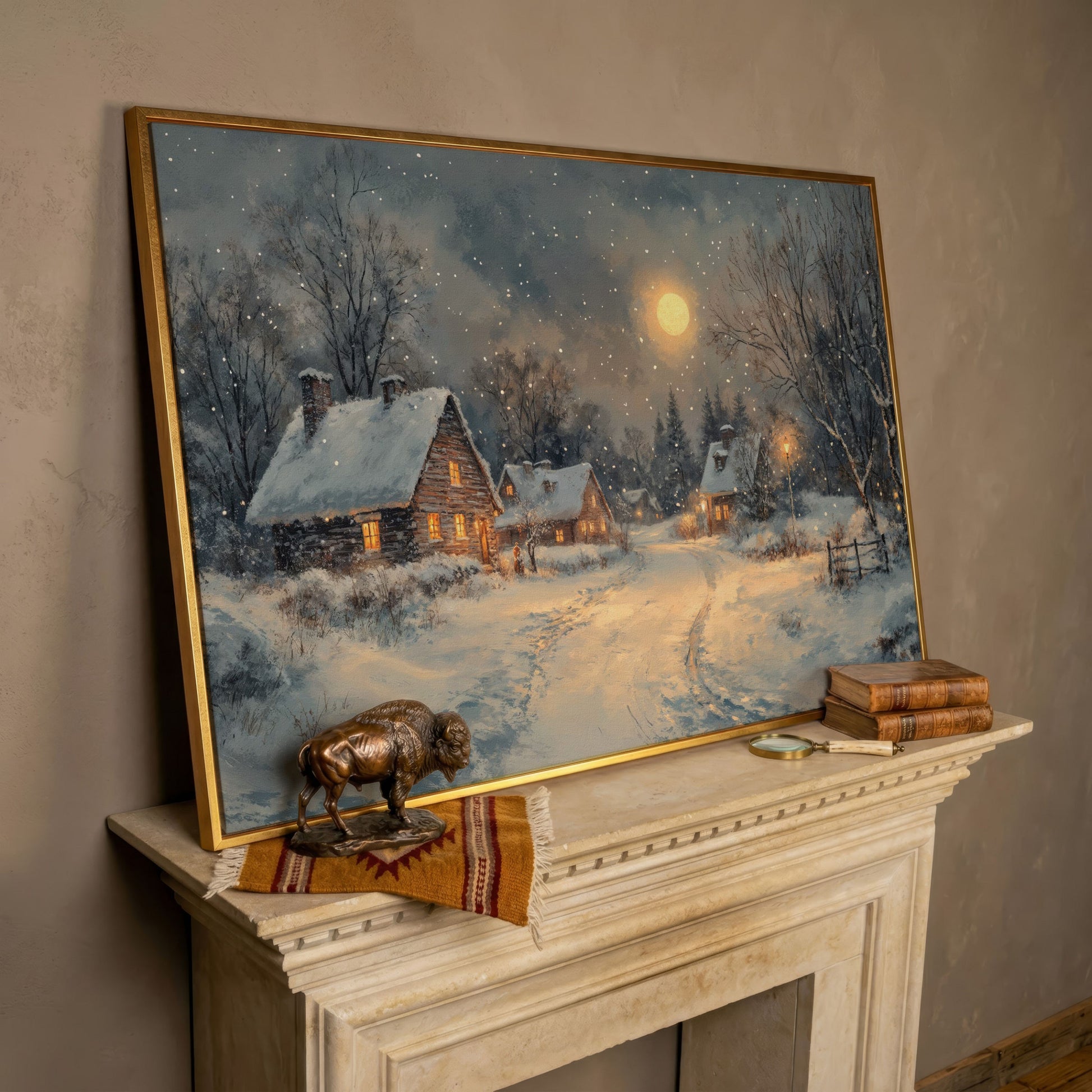 Snowy Winter Village by Moonlight Canvas in rose gold floating frame