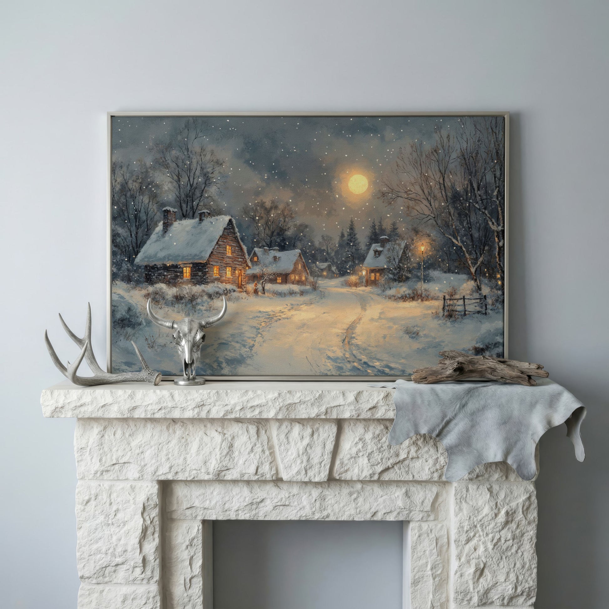 Snowy Winter Village by Moonlight Canvas in silver floating frame