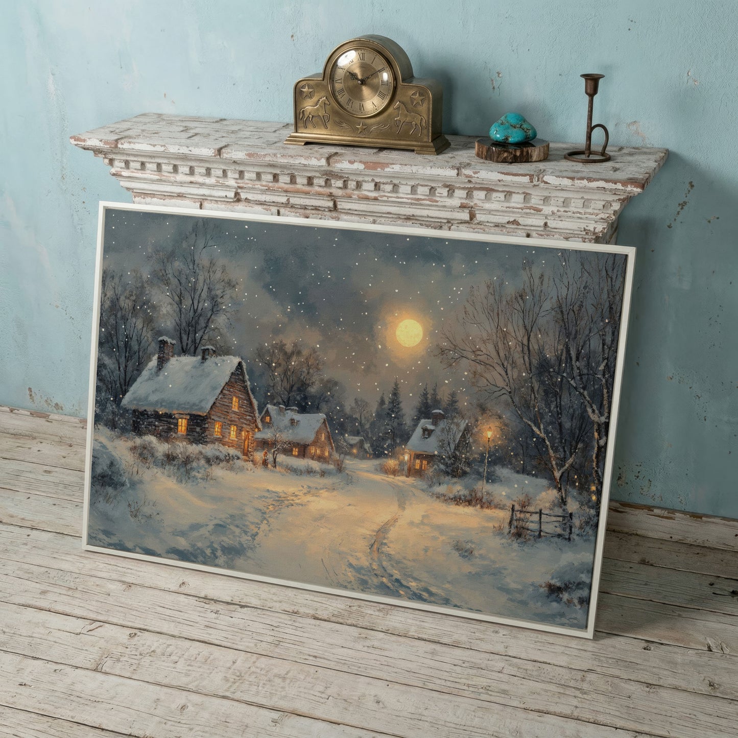 Snowy Winter Village by Moonlight Canvas in white floating frame