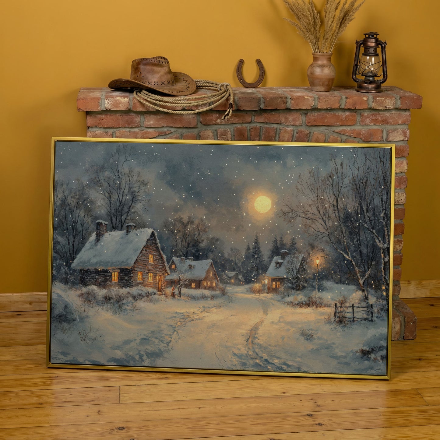 Snowy Winter Village by Moonlight Canvas in yellow gold floating frame