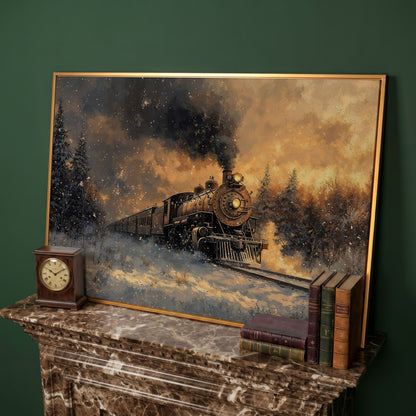 Steam Train in Snowy Forest Canvas Print in antique gold floating frame