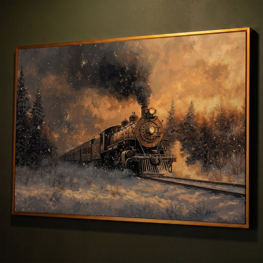 Steam Train in Snowy Forest Canvas Print shown in antique gold floating frame