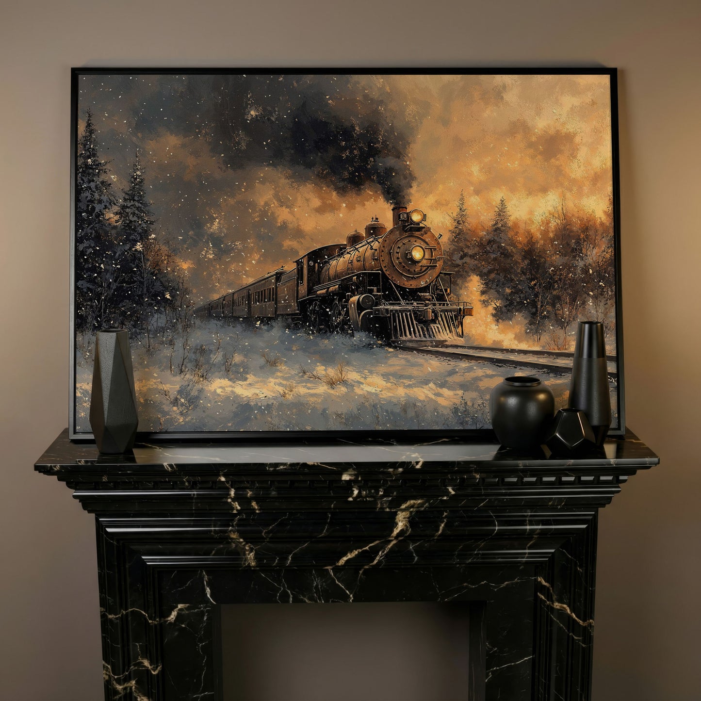 Steam Train in Snowy Forest Canvas Print in black floating frame