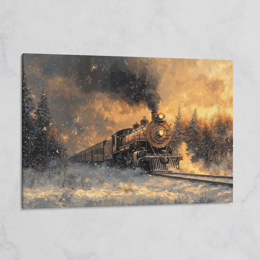 Steam Train in Snowy Forest Canvas Print on gallery wrap