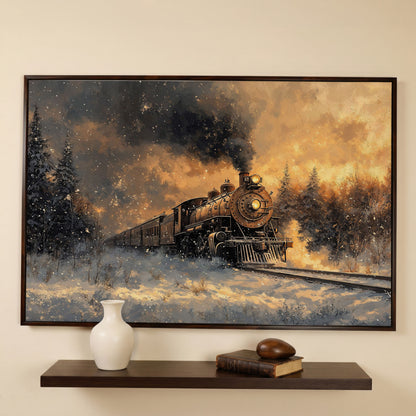 Steam Train in Snowy Forest Canvas Print in dark walnut floating frame