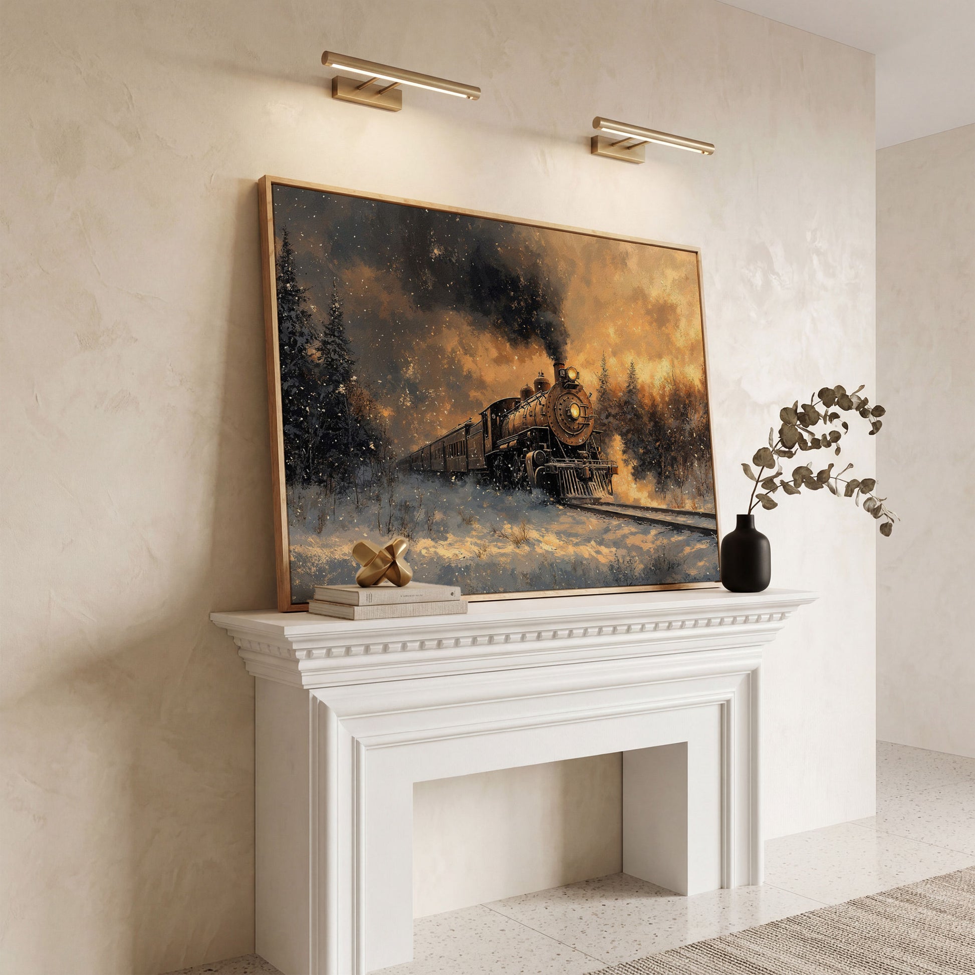 Steam Train in Snowy Forest Canvas Print in white oak floating frame
