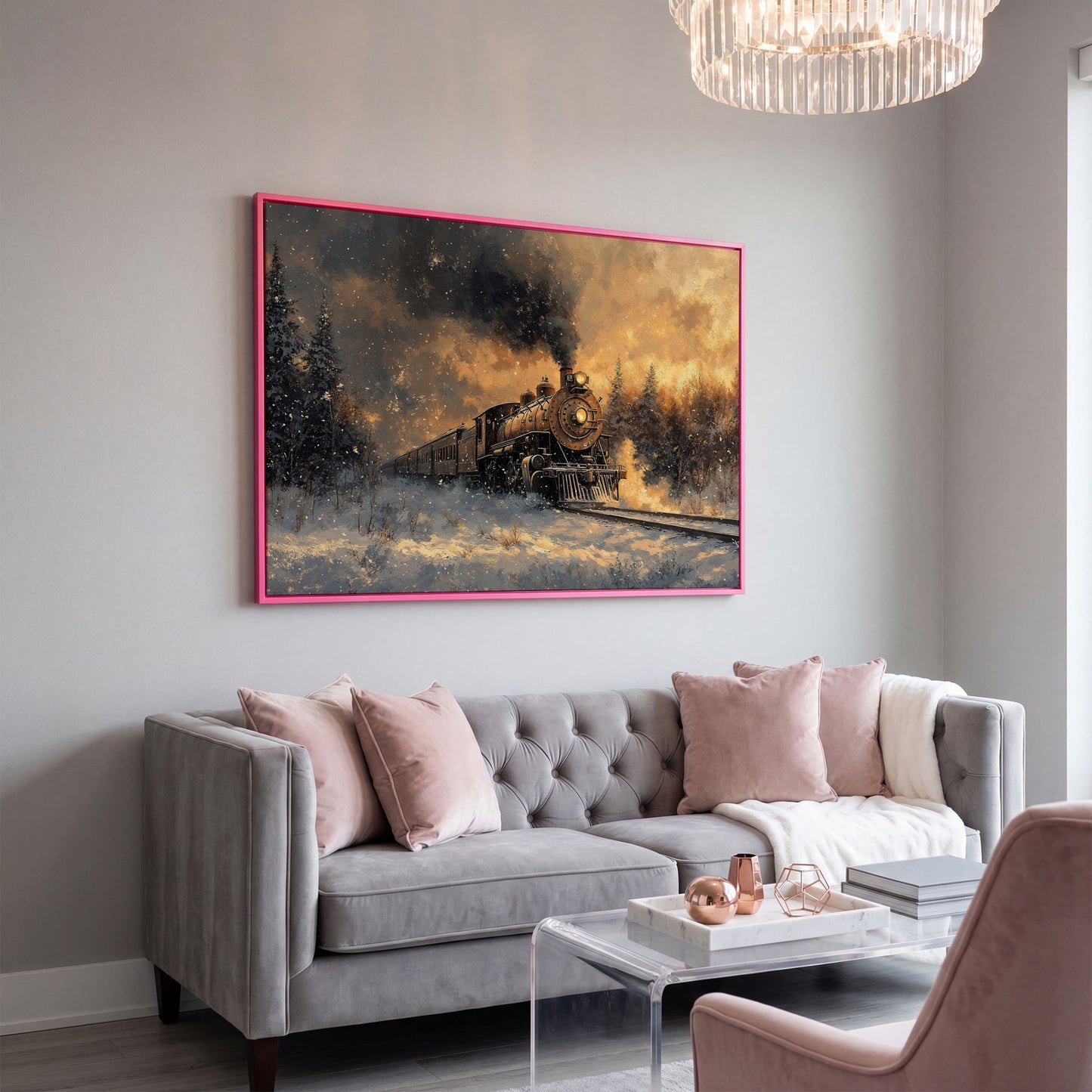 Steam Train in Snowy Forest Canvas Print in pink floating frame