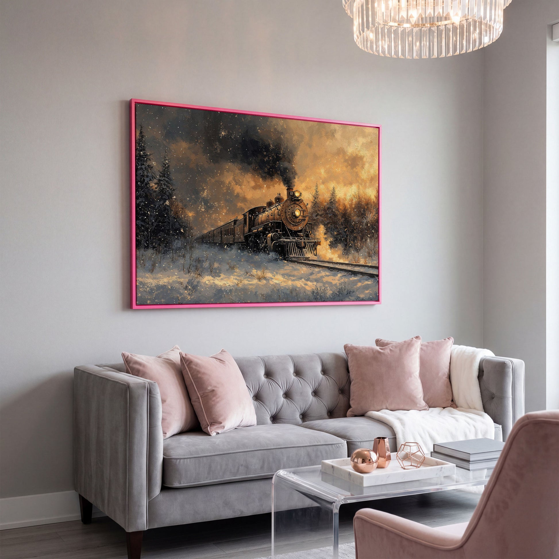 Steam Train in Snowy Forest Canvas Print in pink floating frame