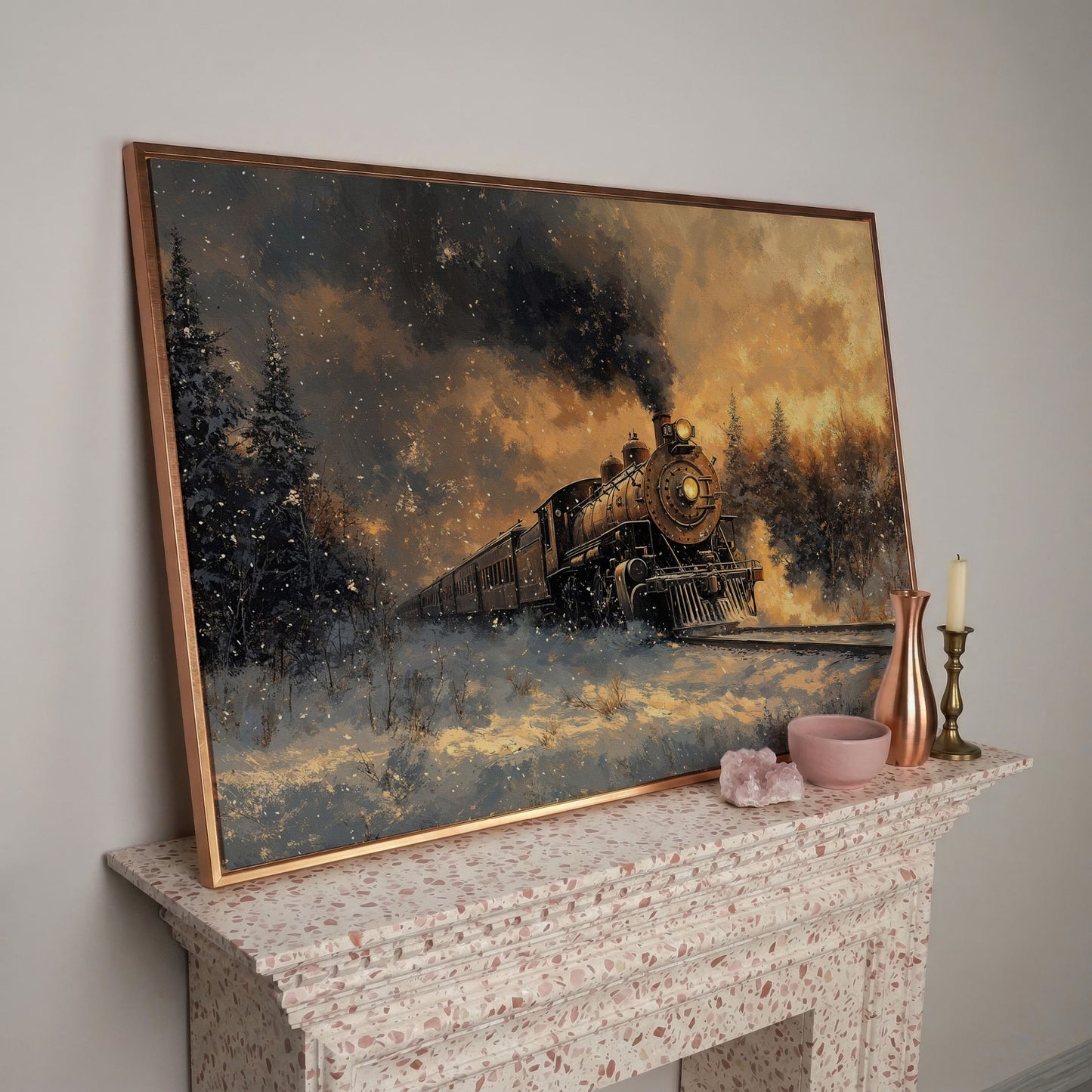 Steam Train in Snowy Forest Canvas Print in rose gold floating frame