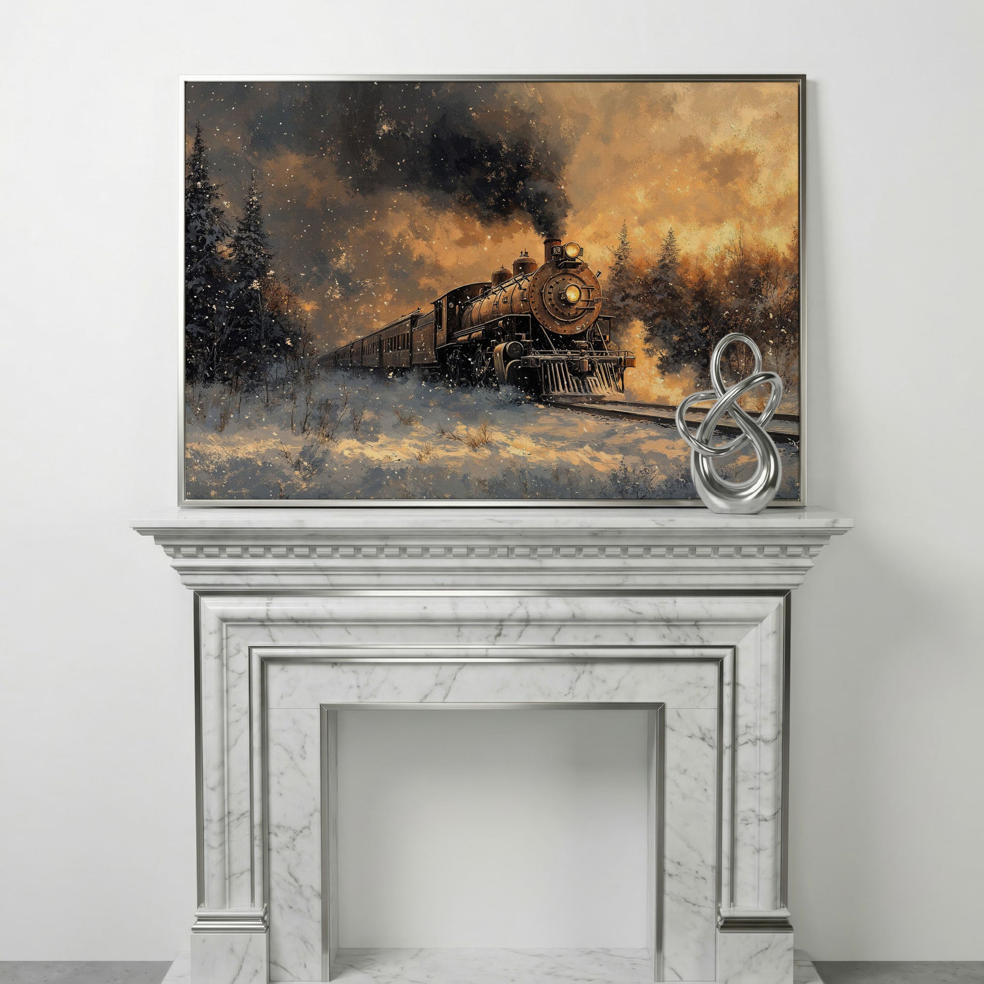 Steam Train in Snowy Forest Canvas Print in silver floating frame
