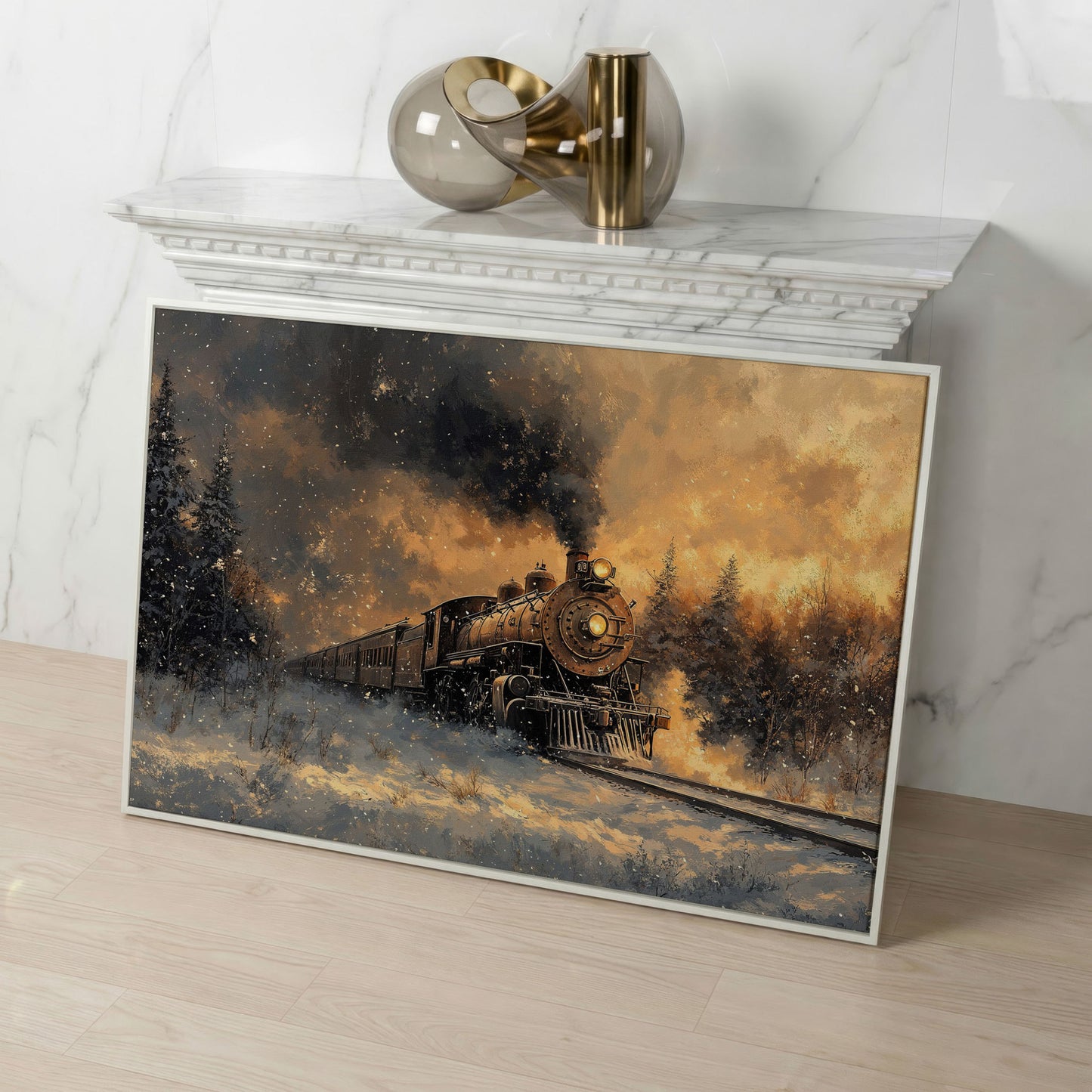 Steam Train in Snowy Forest Canvas Print in white floating frame