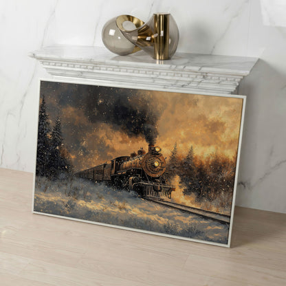 Steam Train in Snowy Forest Canvas Print in white floating frame