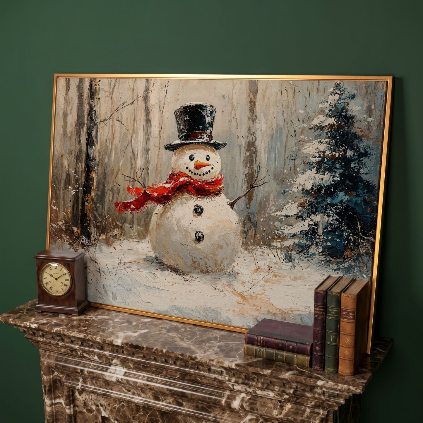 Snowman in Winter Forest Canvas Print in antique gold floating frame