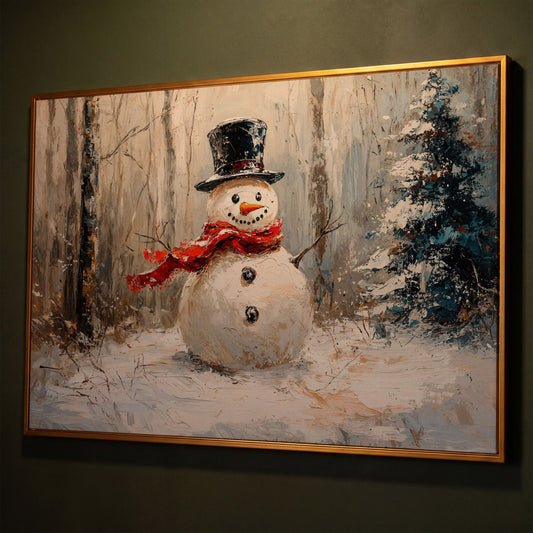 Snowman in Winter Forest Canvas Print shown in antique gold floating frame