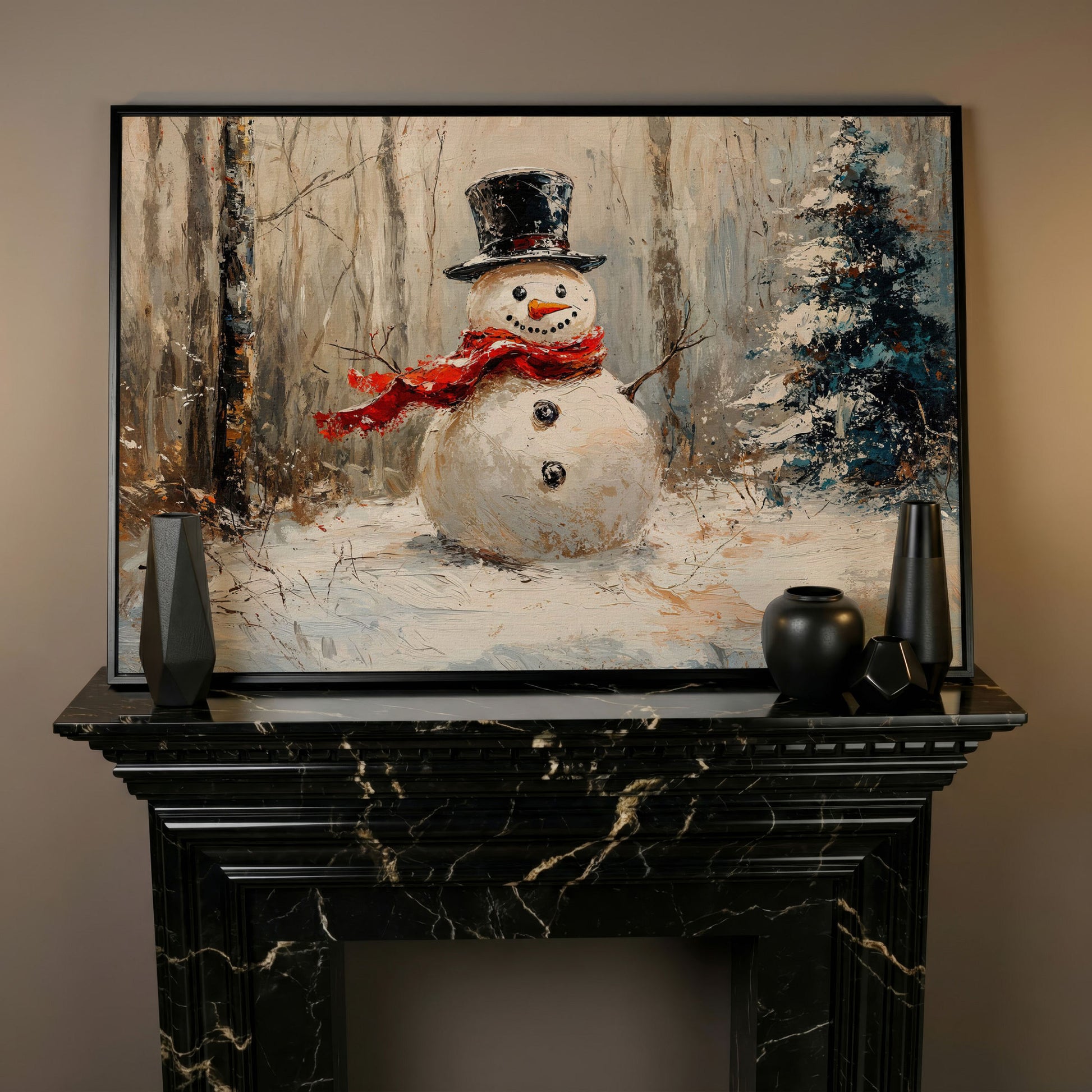 Snowman in Winter Forest Canvas Print in black floating frame