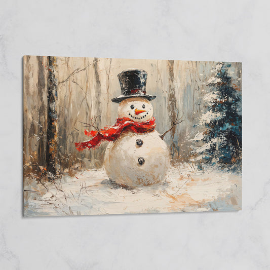 Snowman in Winter Forest Canvas Print on gallery wrap