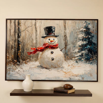 Snowman in Winter Forest Canvas Print in dark walnut floating frame