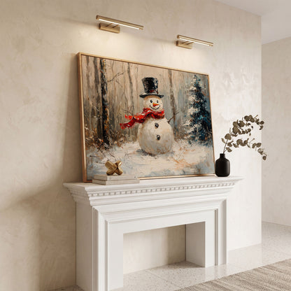 Snowman in Winter Forest Canvas Print in white oak floating frame